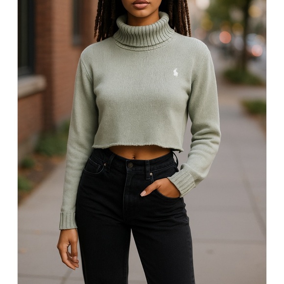 RALPH LAUREN SPORT Light Green Classic Cropped Raw Hem Turtleneck Sweater Sz L - Picture 1 of 6